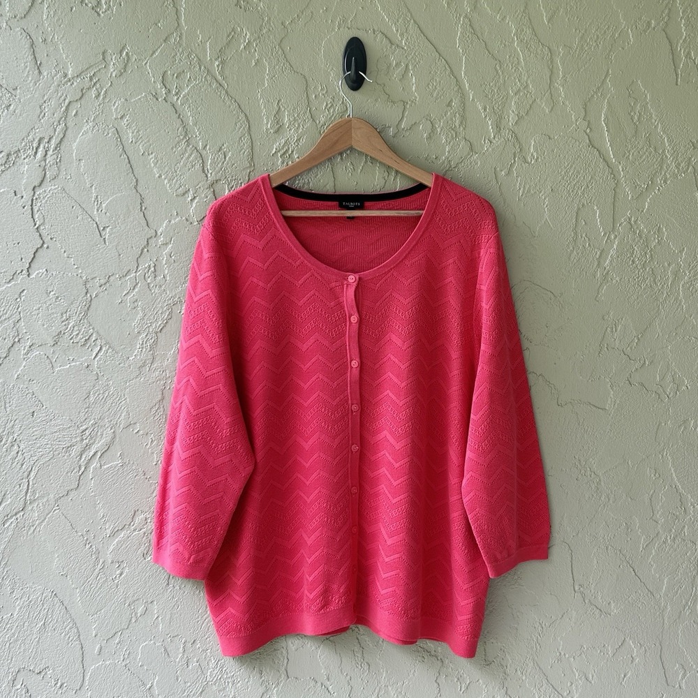 Talbots Women's 3X Coral Chevron Textured Knit 3/4 Sleeves Cardigan Sweater NWOT